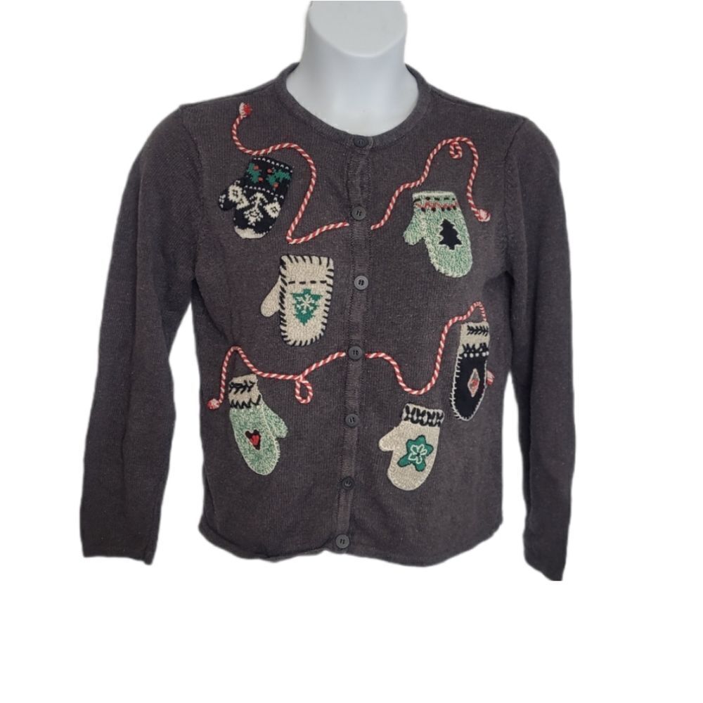 CARROLL‎ REED mitten applique button up gray holiday cardigan sweater M